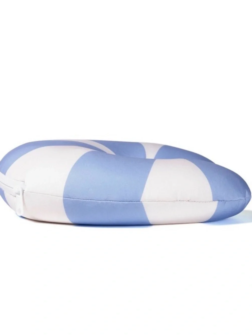 Travel Neck Pillow blue and white striped goes from neck pillow to goose stuffy